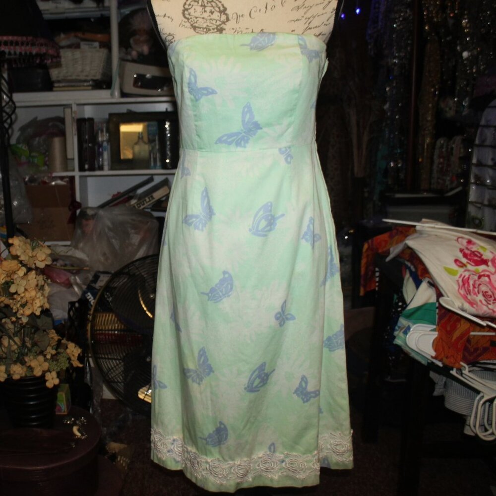 Lilly Pulitzer Mint Green Lavender Butterflies Lace Bottom Strapless Dress